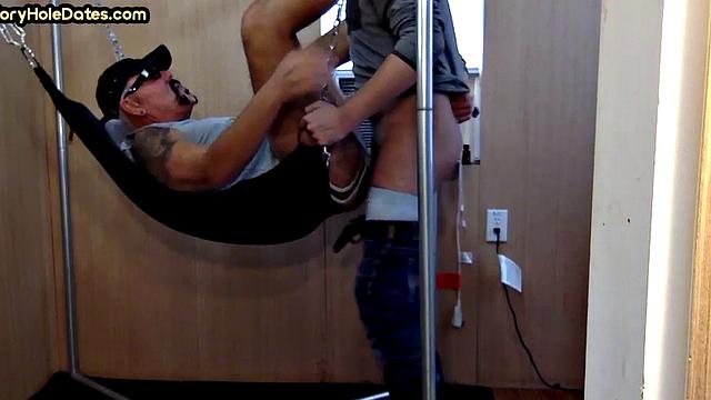 Amateur DILF gets fucked in sling at home by his top BF