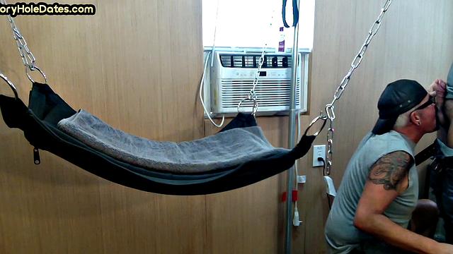 Amateur DILF gets fucked in sling at home by his top BF