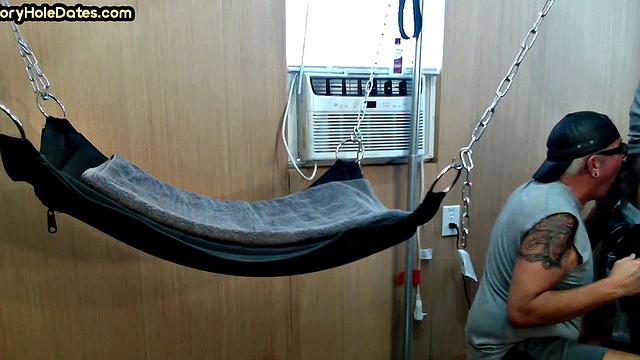 Amateur DILF gets fucked in sling at home by his top BF