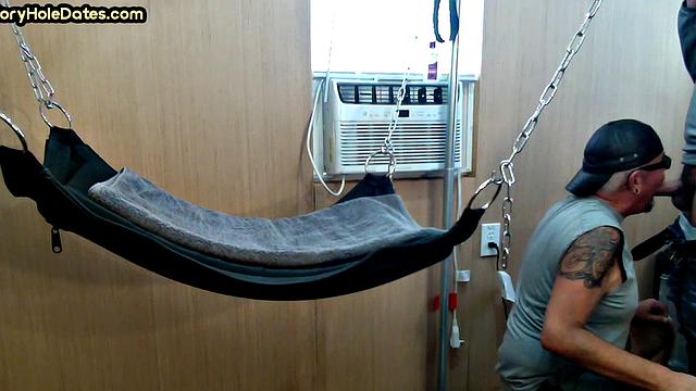 Amateur DILF gets fucked in sling at home by his top BF