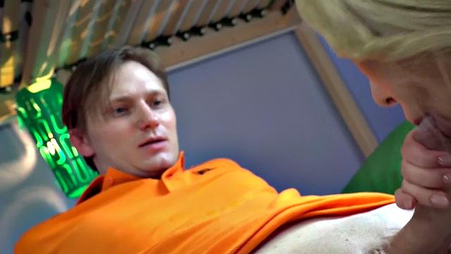 Russian babe sucks before missionary and doggy sex