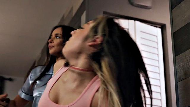 Spanked nympho sharing BBC with busy slut in 3some