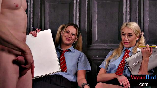 Two college uniform voyeurs teasing wanker who on them