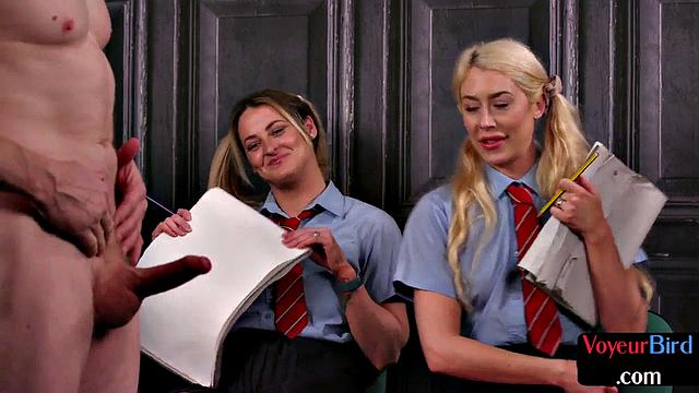 Two college uniform voyeurs teasing wanker who on them