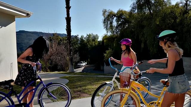 Hairy pussy and small tits lesbians ride a dildo in a wild threesome