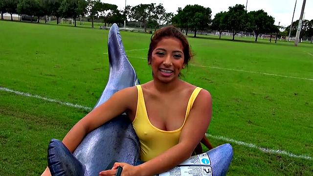 Watch this petite Latina get her tight pussy pounded in multiple positions and take a hot facial in the beach