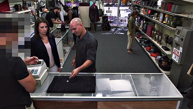 Naive pawnshop MILF receives facial after gagging on cock