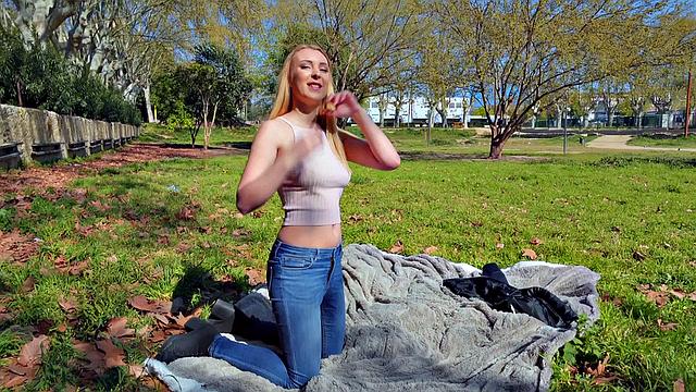Blonde Euro babe in jeans rides a hard cock in park, handjob, and doggystyle