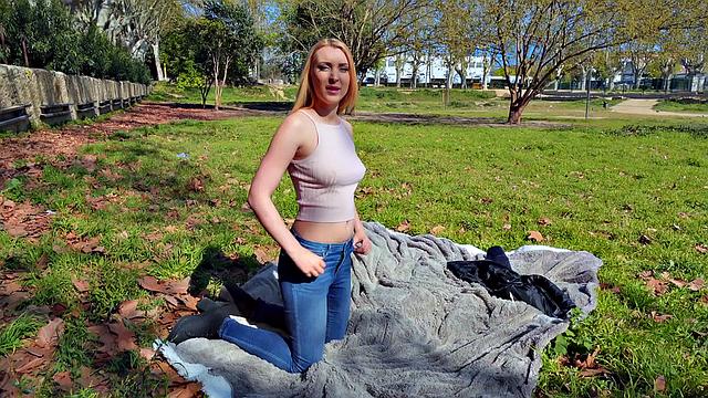 Blonde Euro babe in jeans rides a hard cock in park, handjob, and doggystyle