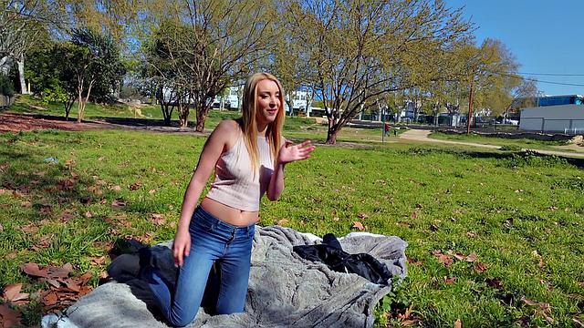 Blonde Euro babe in jeans rides a hard cock in park, handjob, and doggystyle