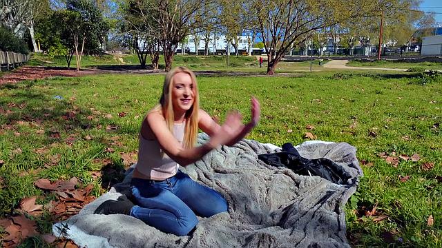 Blonde Euro babe in jeans rides a hard cock in park, handjob, and doggystyle