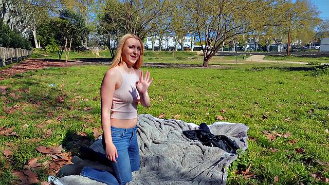Blonde Euro babe in jeans rides a hard cock in park, handjob, and doggystyle
