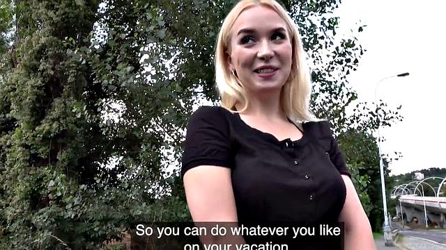 Euro blonde with big tits rides hard and takes it from behind under a bridge