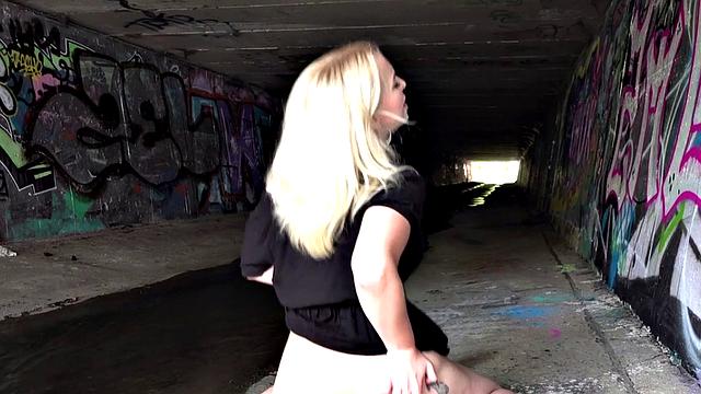 Euro blonde with big tits rides hard and takes it from behind under a bridge