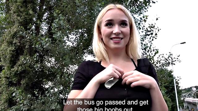 Euro blonde with big tits rides hard and takes it from behind under a bridge
