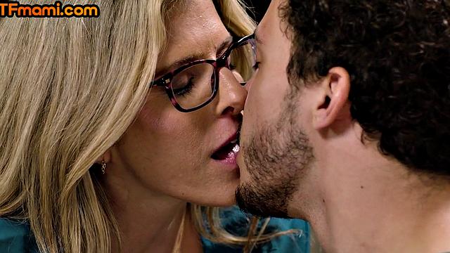 Blonde glasses MILF cockriding stepson's cock