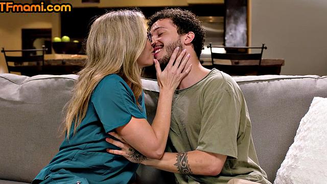 Blonde glasses MILF cockriding stepson's cock