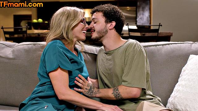 Blonde glasses MILF cockriding stepson's cock