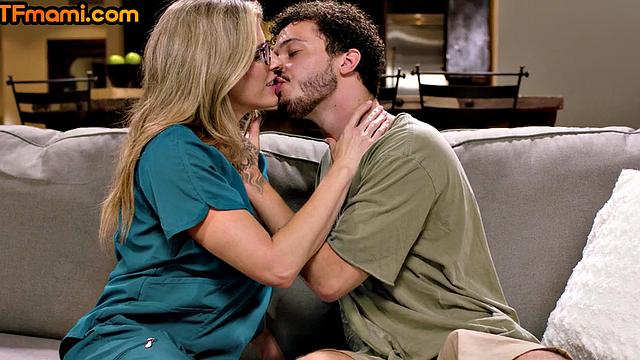 Blonde glasses MILF cockriding stepson's cock