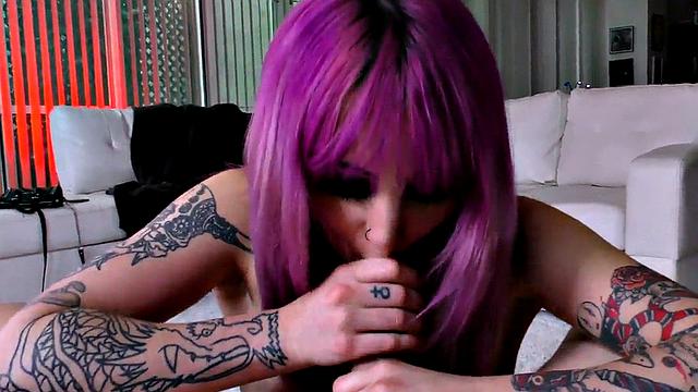 POV tattooed babe rides BFs cock in closeup sex