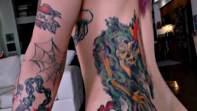 POV tattooed babe rides BFs cock in closeup sex