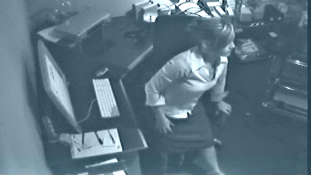 Horny office slut masturbates