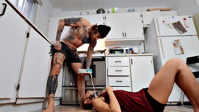 Dominant pissing jock barebacks ass on kitchen