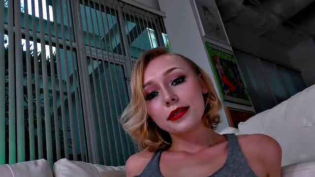 Naughty 18-year-old talks dirty while oiling up and jerking off POV-style on the couch