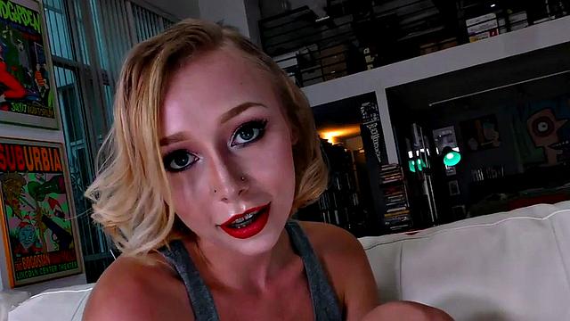 Naughty 18-year-old talks dirty while oiling up and jerking off POV-style on the couch