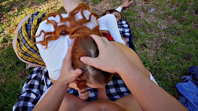 Watch these horny amateurs take turns in a wild outdoor threesome with big-titted Latina, ponytail, skirt, and doggy