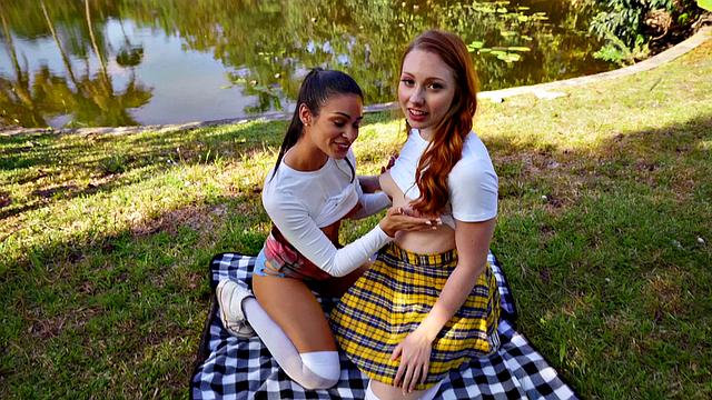 Watch these horny amateurs take turns in a wild outdoor threesome with big-titted Latina, ponytail, skirt, and doggy