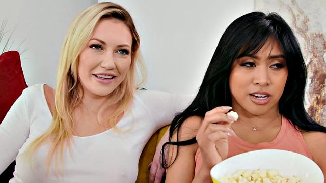 Busty lesbian milf licking asian pussy in erotic couple