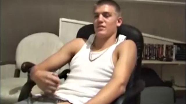 Young Lance has a very inviting and sexy look, as he stares into the camera, while massaging his hard cock. We enjoy a nice long stroke from this naked boy, before he blows his load over a chair.