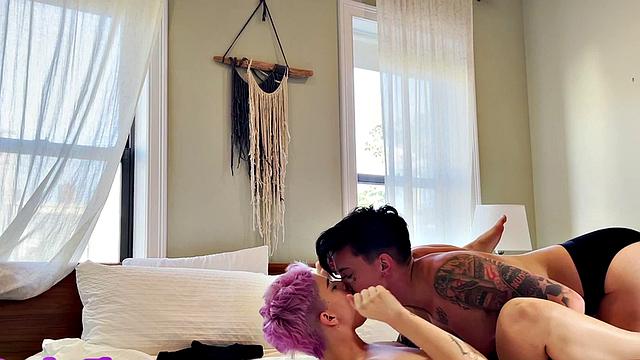 Amateur genderfluid in panties licks GF's at home