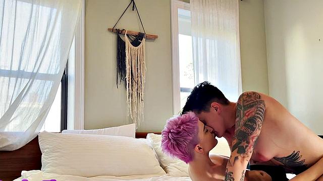 Amateur genderfluid in panties licks GF's at home