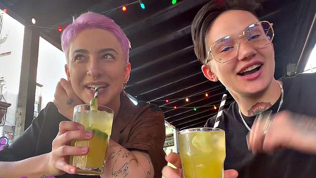 Amateur genderfluid in panties licks GF's at home