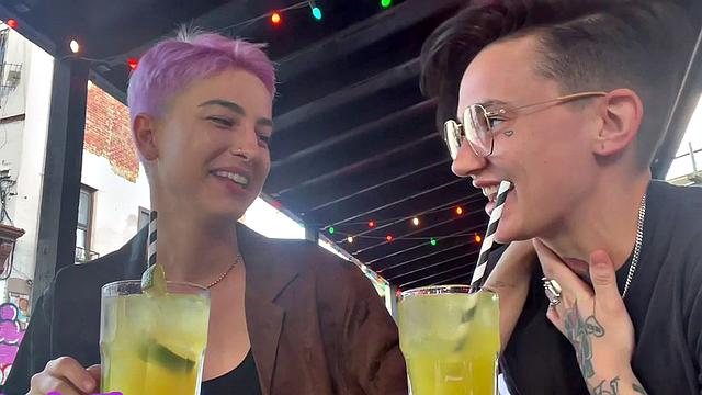 Amateur genderfluid in panties licks GF's at home