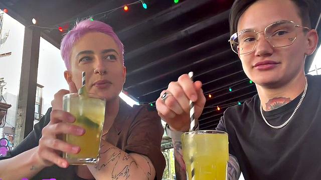 Amateur genderfluid in panties licks GF's at home