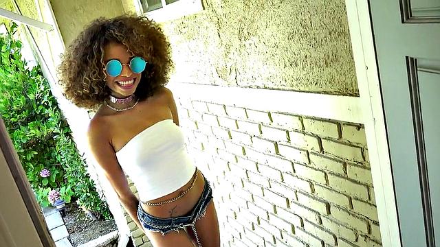 Gagging petite Ebony rims boyfriend's asshole after mouth fucking