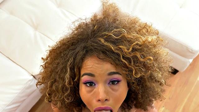 Gagging petite Ebony rims boyfriend's asshole after mouth fucking