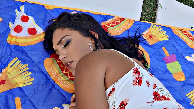 Latina with bald pussy gives head, fucks & gives handjob in thong