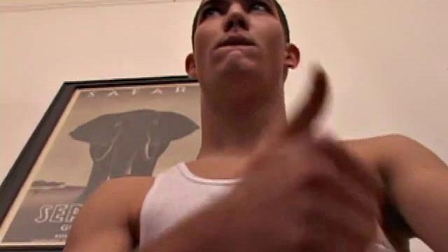 Brennan Stark gets a video going, as tells us how he's going to eat his load. He pulls off his pants and strokes his hard cock, until he blasts a nut onto a nearby clipboard. Then he licks up all the cum.