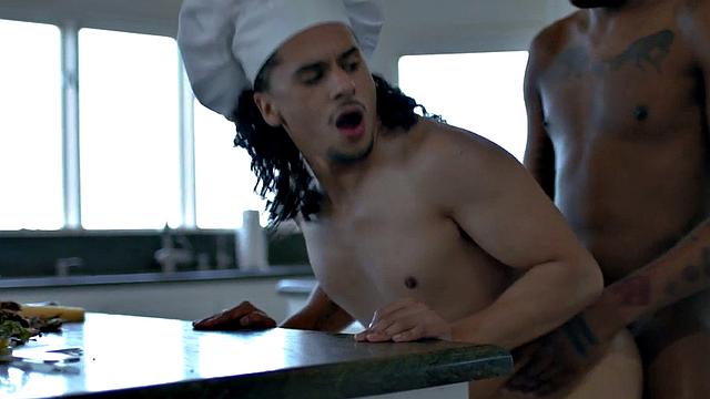 BBC barebacks his food fetish cook BF in the kitchen