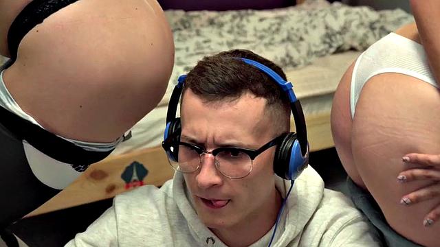 Nerdy petite hostel girls fuck gamer boy in wild threesome