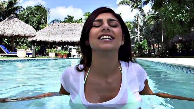 Public babe creampied next to the pool