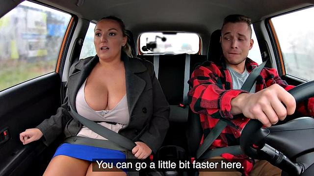 Big-titted driving student rides instructor in car