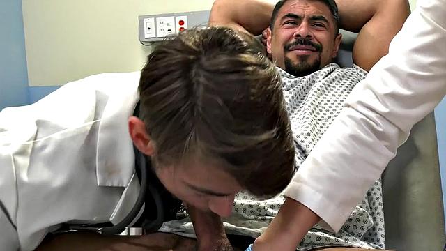 Bisex dudes fuck with nurse in threesome in medical room