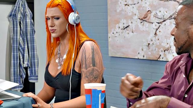 Thick redhead tgirl pounding boyfriend and dyke in kinky threesome