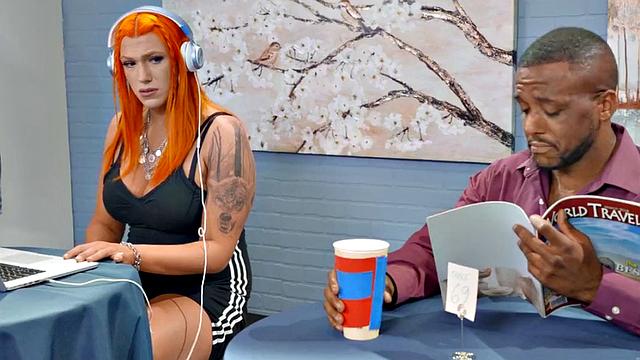 Thick redhead tgirl pounding boyfriend and dyke in kinky threesome