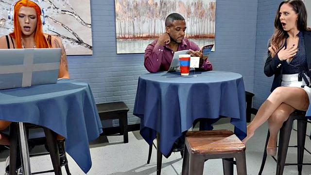 Thick redhead tgirl pounding boyfriend and dyke in kinky threesome